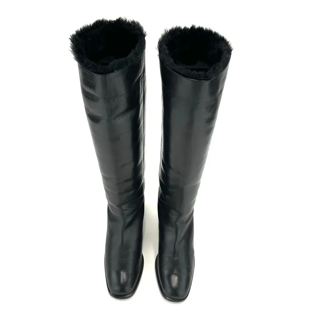 Bally Women Black Winter Knee High Boot Sz 36/5.5 Leather Foldable FurTrim Lined